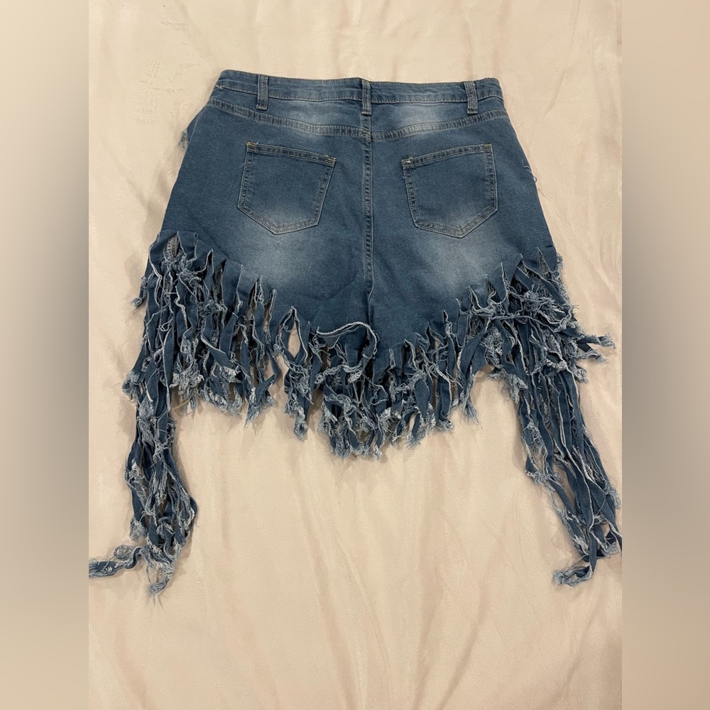 Denim Fringe Jean Shorts - Blue - Picture 3 of 6